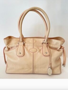 TOD'S Beige/Pink Pebbled Leather D Media Tote Shoulder Bag Tan